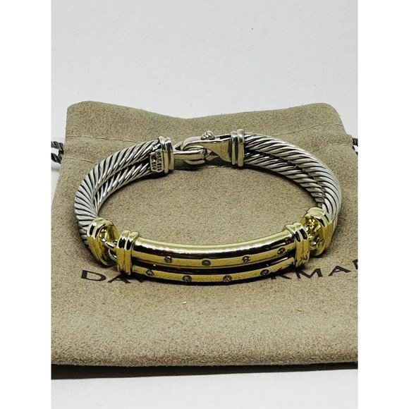 $4,000 David Yurman 14K Yellow Gold Silver Diamond Metro Double Cable Bracelet M - Picture 5 of 8